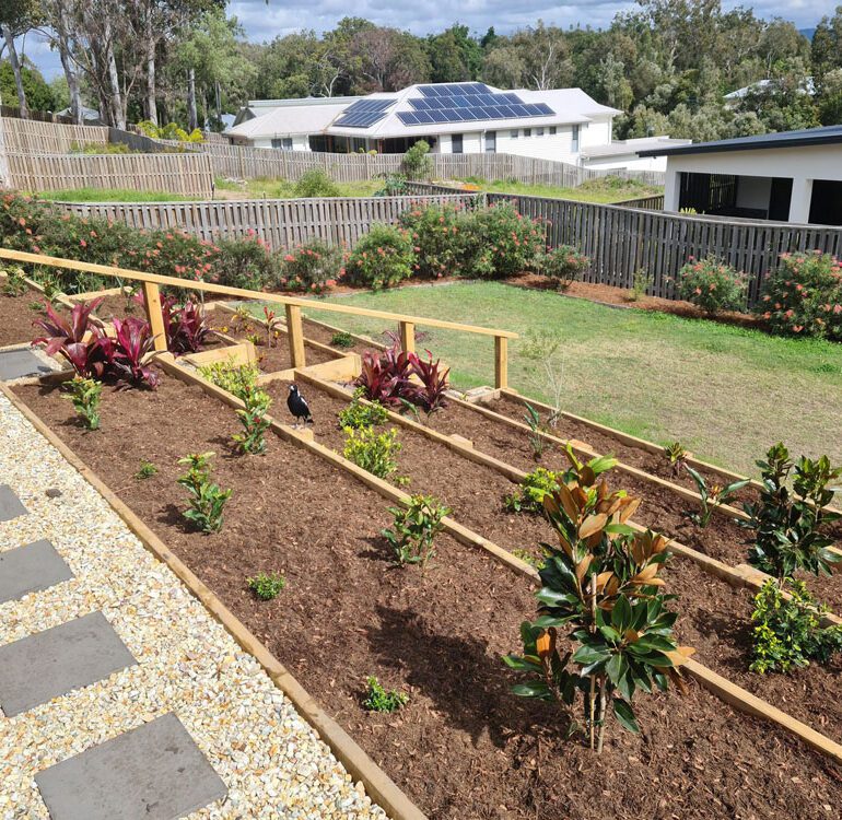 Raised garden beds on sloped ground Gold Coast backyard ideas.